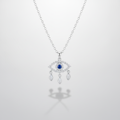 Evil Eye Crystal Pendant Necklace | Blue Sapphire CZ Silver
