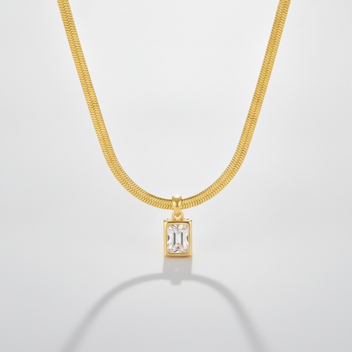 Gold Snake Chain Necklace with Crystal Square Pendant