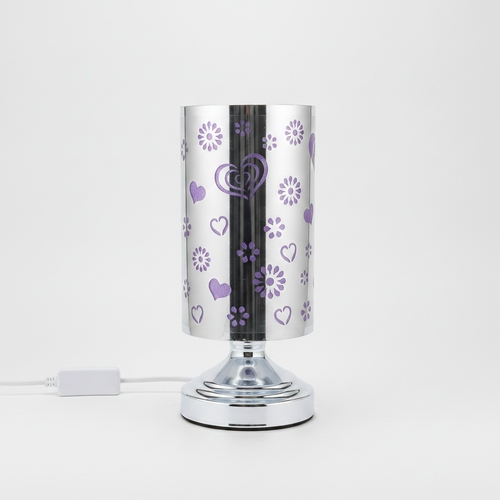 Chrome Touch Lamp with Purple Hearts & Flowers Design
