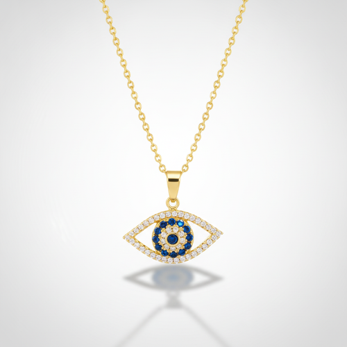 Evil Eye Gold Pendant Necklace with Blue & Crystal Stones