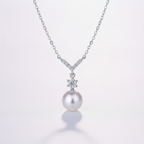 Crystal & Pearl Drop Pendant Necklace | Silver V-Bar
