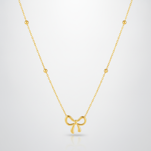 Gold Bow Pendant Necklace with Beaded Chain