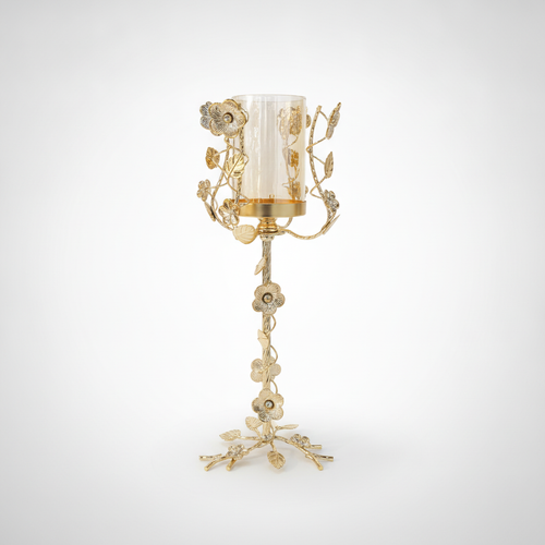 Gold Floral Hurricane Candle Holder with Glass Chimney