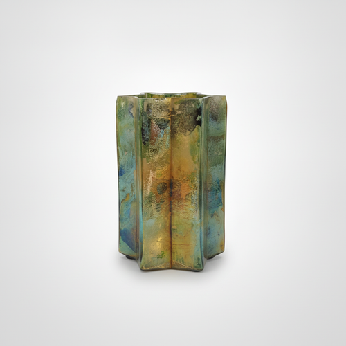 Artisan Glazed Ceramic Vase – Gold & Green Raku Style