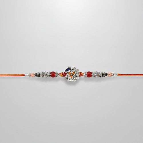 Peacock Meenakari Rakhi with Red Beads & Silver Charms