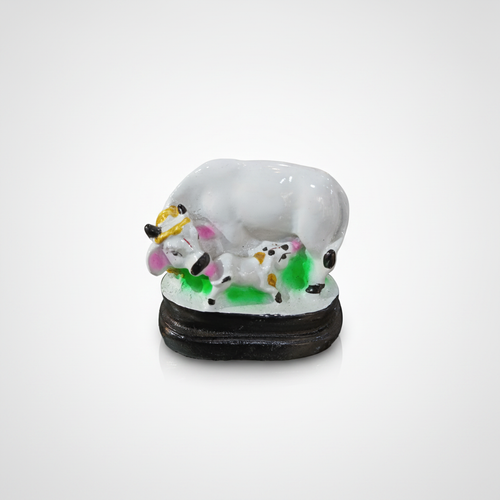 White Jade Cow & Calf Figurine on Wooden Base