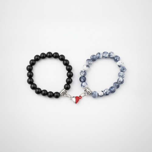 Couples Heart Charm Beaded Bracelet Set – Black & Marble