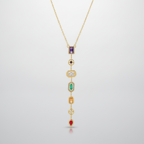 Gold-Tone Multi-Gemstone Linear Drop Pendant Necklace
