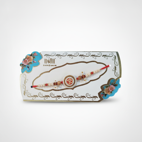 Sacred Om Symbol Rakhi with Pearl & Wooden Beads
