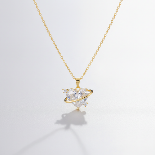Crystal Heart Planet Pendant Necklace | Gold Chain