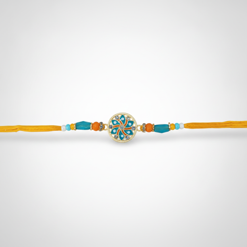 Floral Mandala Rakhi with Colorful Beads & Yellow Thread