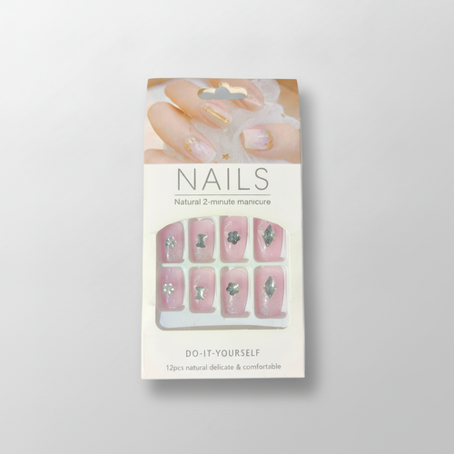 Press-On Nails Pink with Silver Charms – Kids & Adults