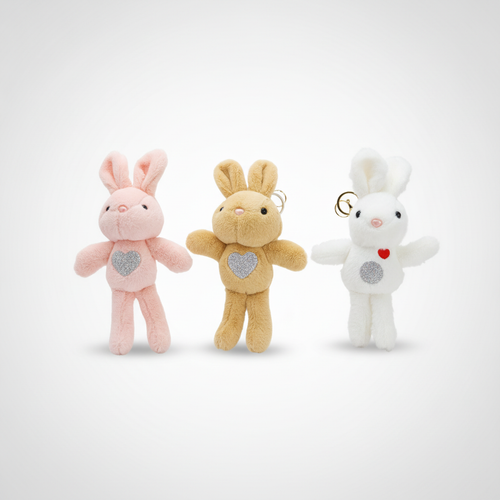 Fluffy Bunny Plush Keychain with Glitter Heart – Set of 3