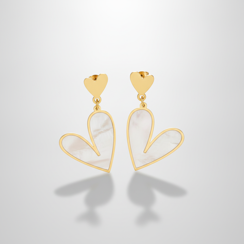 Gold & Mother of Pearl Double Heart Drop Earrings