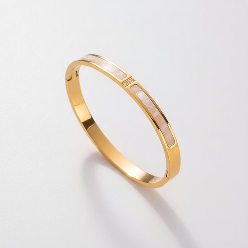 Gold-Tone Shell Inlay Bangle Bracelet with Crystal Accent