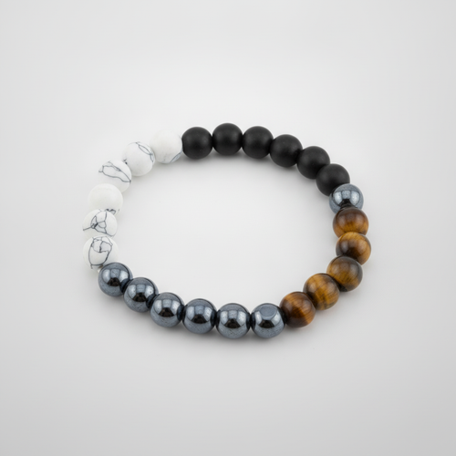 Triple Stone Beaded Bracelet – Tiger Eye, Onyx & Howlite