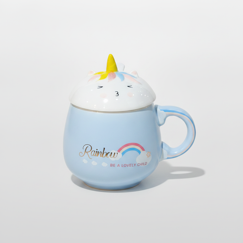 Unicorn Rainbow Ceramic Mug with Lid – Baby Blue