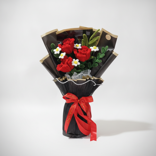 Handmade Crochet Tulip & Daisy Bouquet – Red & White