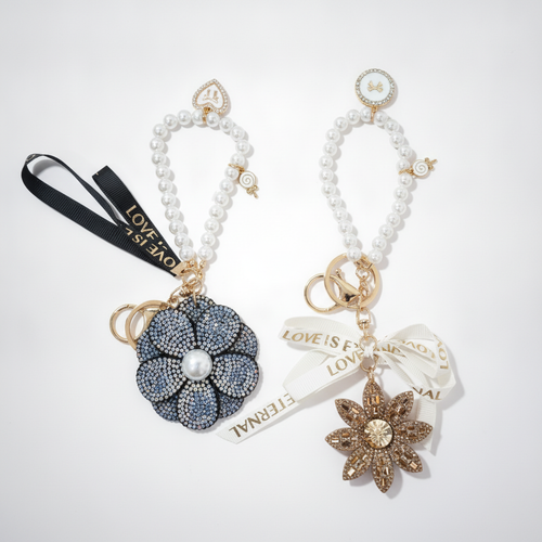 Pearl Beaded Flower Crystal Keychain with Ribbon Bow
