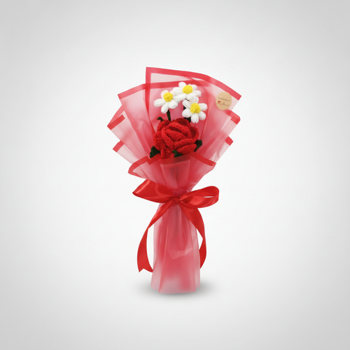 Handmade Crochet Flower Bouquet – Red Rose & Daisies Gift
