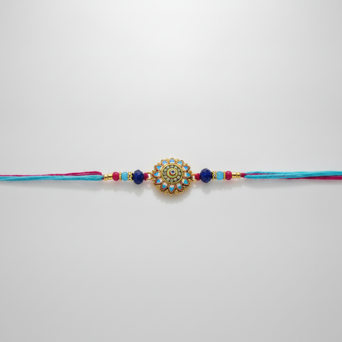 Floral Meenakari Rakhi with Blue & Maroon Beads