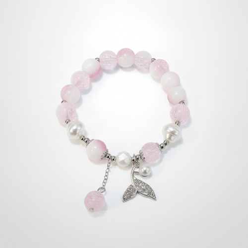 Pink Rose Quartz & Opal Bead Bracelet with Mermaid Tail Charm