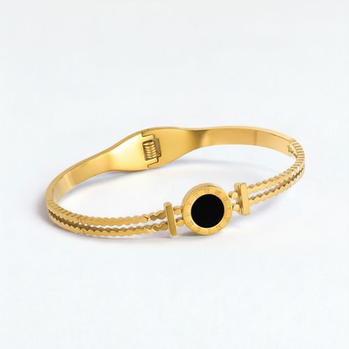 Gold-Tone Bangle Bracelet with Black Roman Numeral Disc