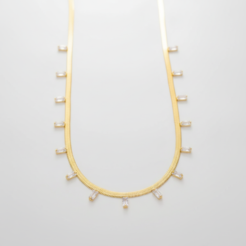 Gold Herringbone Chain Necklace with Crystal Baguette Charms