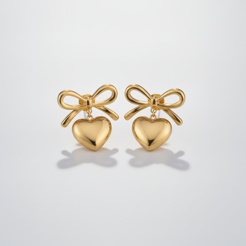 Gold Bow & Heart Drop Earrings – Elegant Dangle Studs