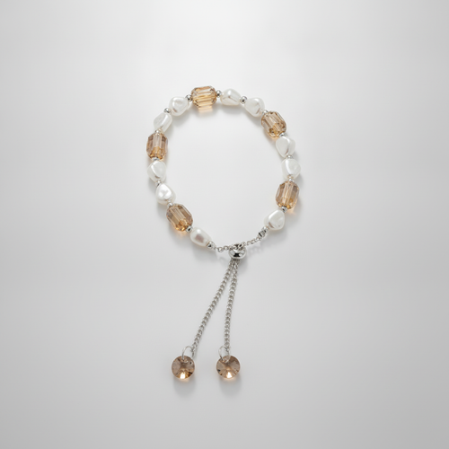 Pearl & Amber Crystal Bolo Bracelet with Heart Charms