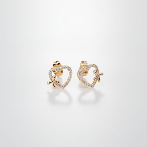 Crystal Heart Bow Stud Earrings in Gold