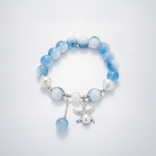 Ocean Blue Starfish Charm Beaded Stretch Bracelet