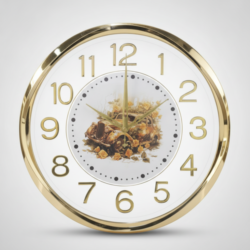 Gold Vintage Car Wall Clock with Floral Art Dial
