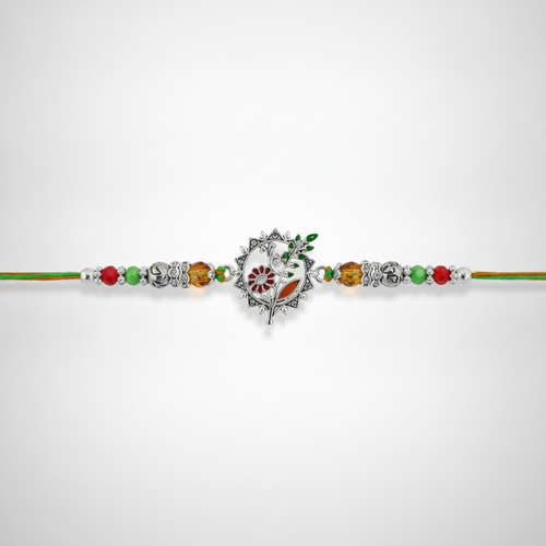 Elegant Floral Silver Rakhi with Colorful Crystal Beads