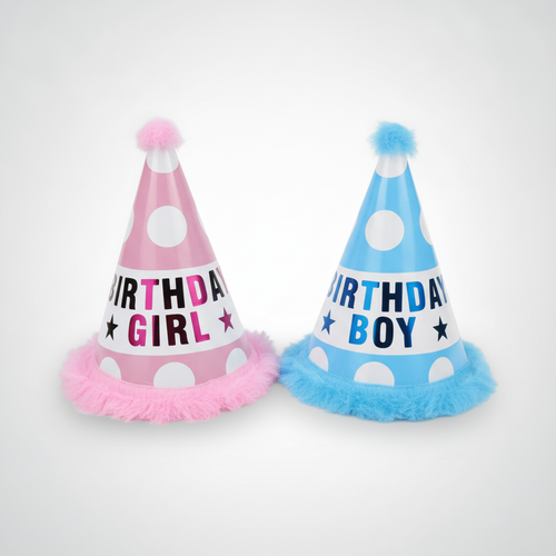 Birthday Boy & Girl Party Cone Hats with Fluffy Trim