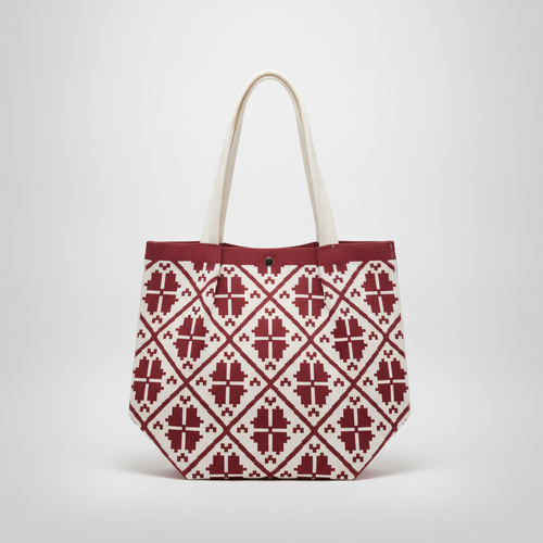 Boho Geometric Knit Tote Bag – Maroon & White