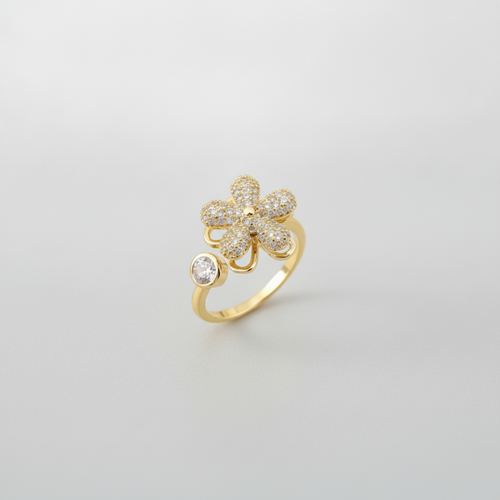 Gold Flower Adjustable Ring with Crystal Accent