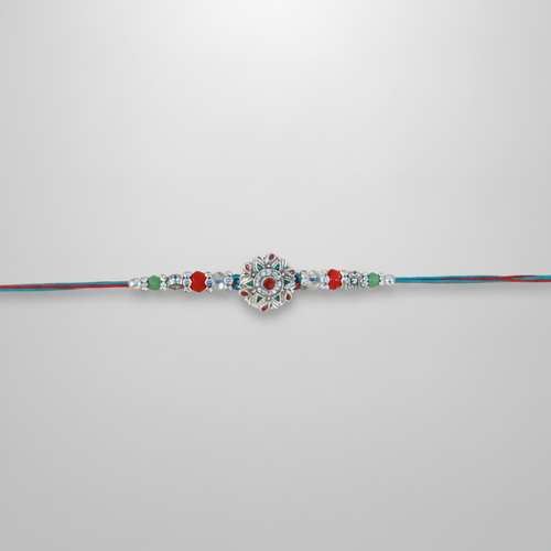 Silver Floral Rakhi with Red & Green Crystal Beads
