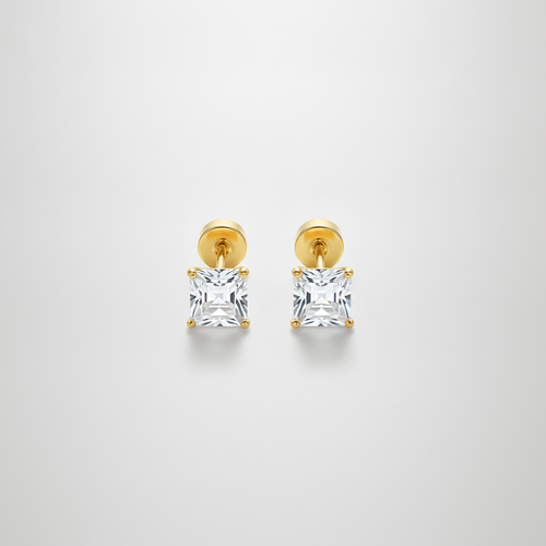Men's Gold Square CZ Stud Earrings – Princess Cut