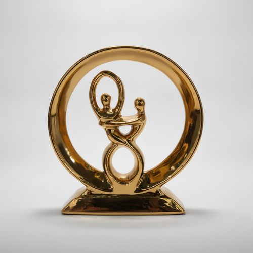 Golden Ceramic Couple Embrace Circle Sculpture Showpiece