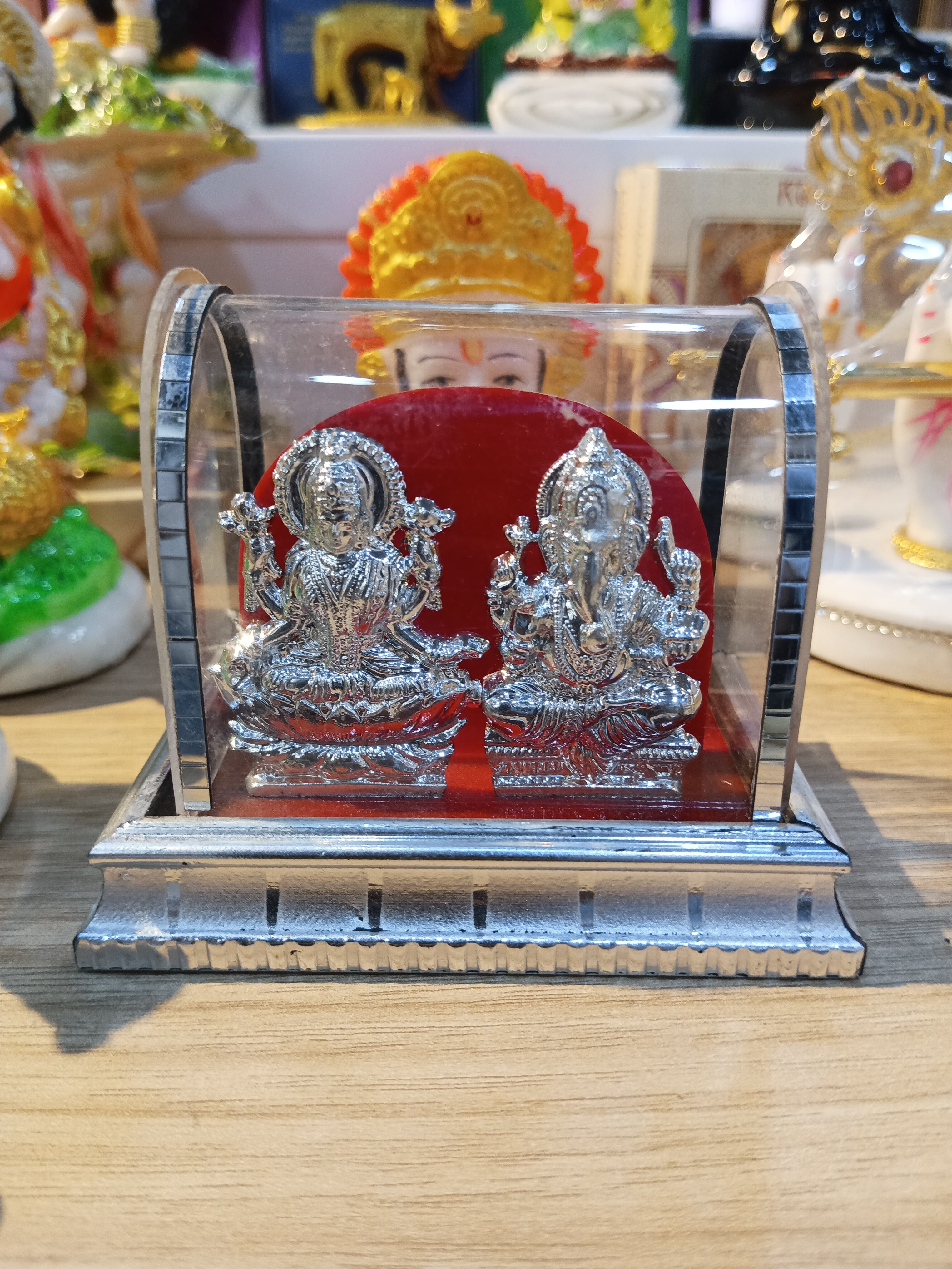 Silver Lakshmi Ganesha Idol Set in Glass Display Case
