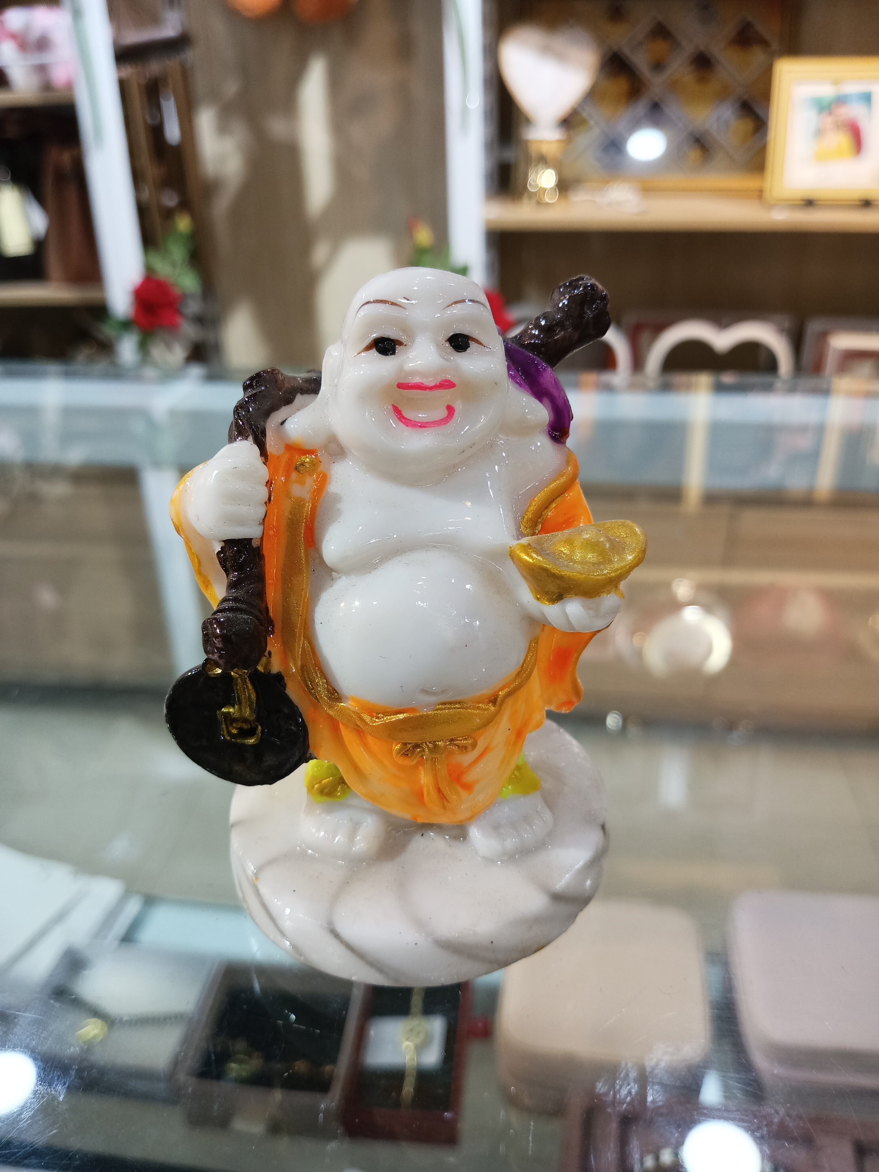 Laughing Buddha Figurine with Gold Ingot & Wealth Bag