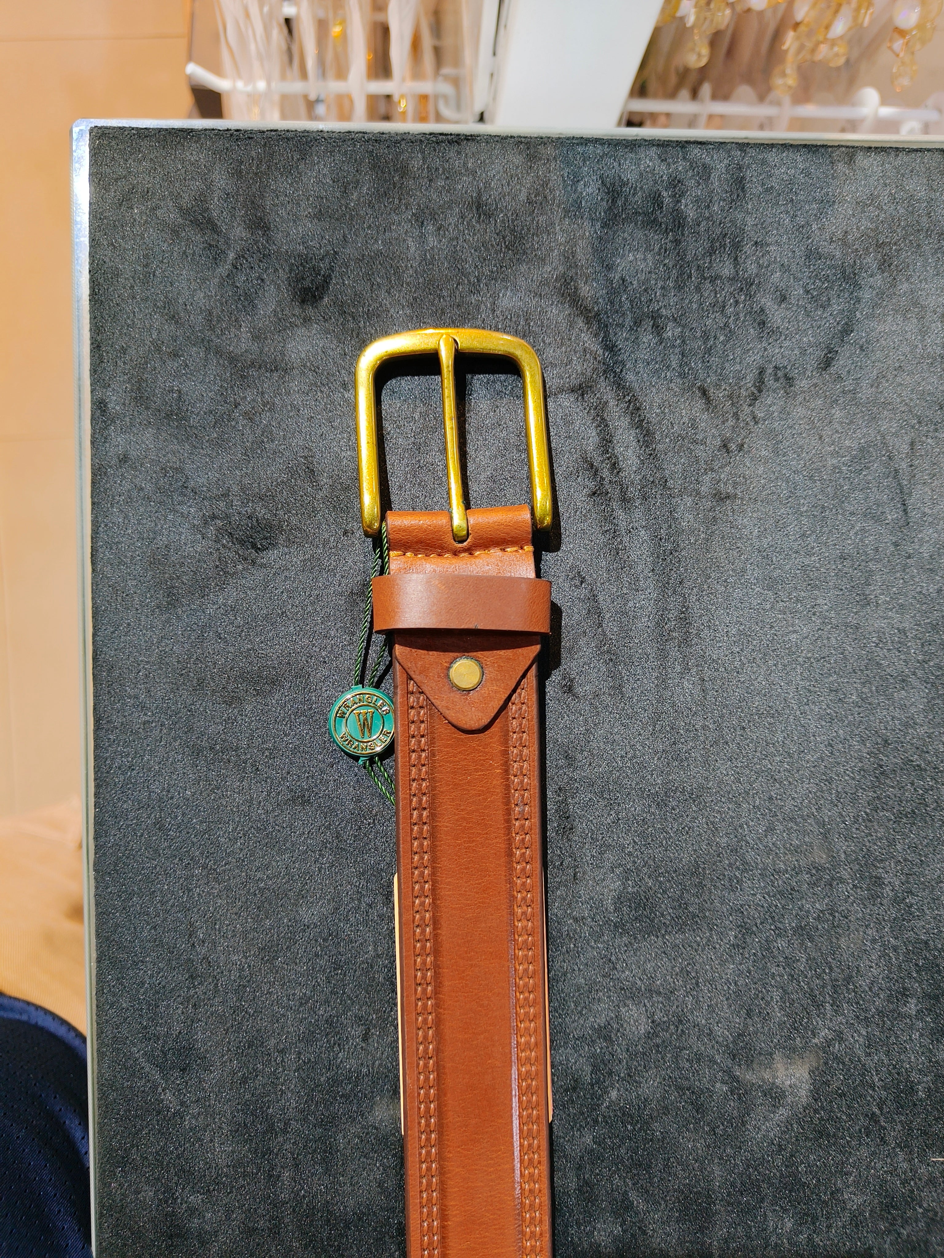 Wrangler Men's Tan Leather Belt with Brass Buckle