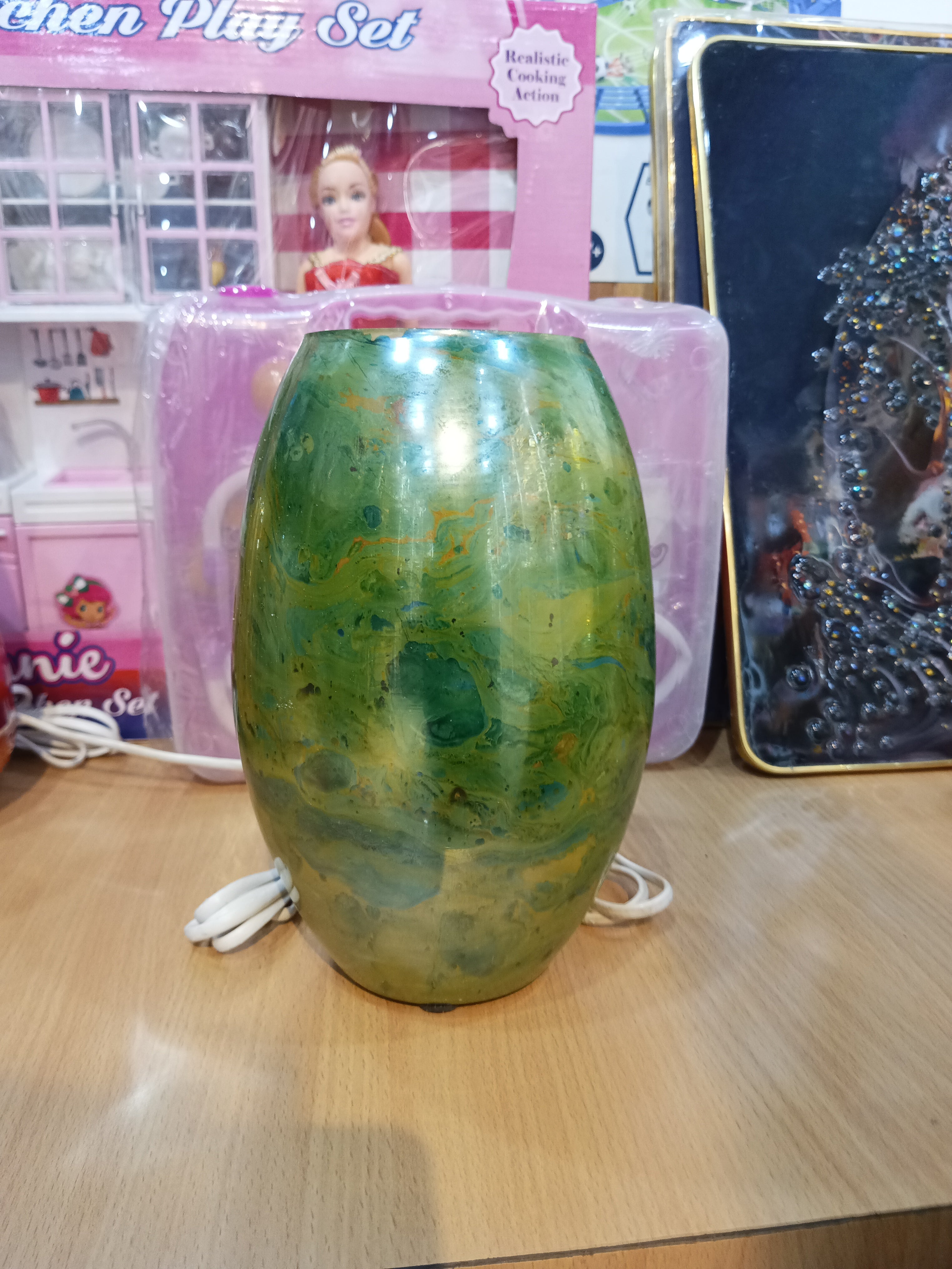 Handcrafted Marbled Glass Table Lamp – Green Swirl