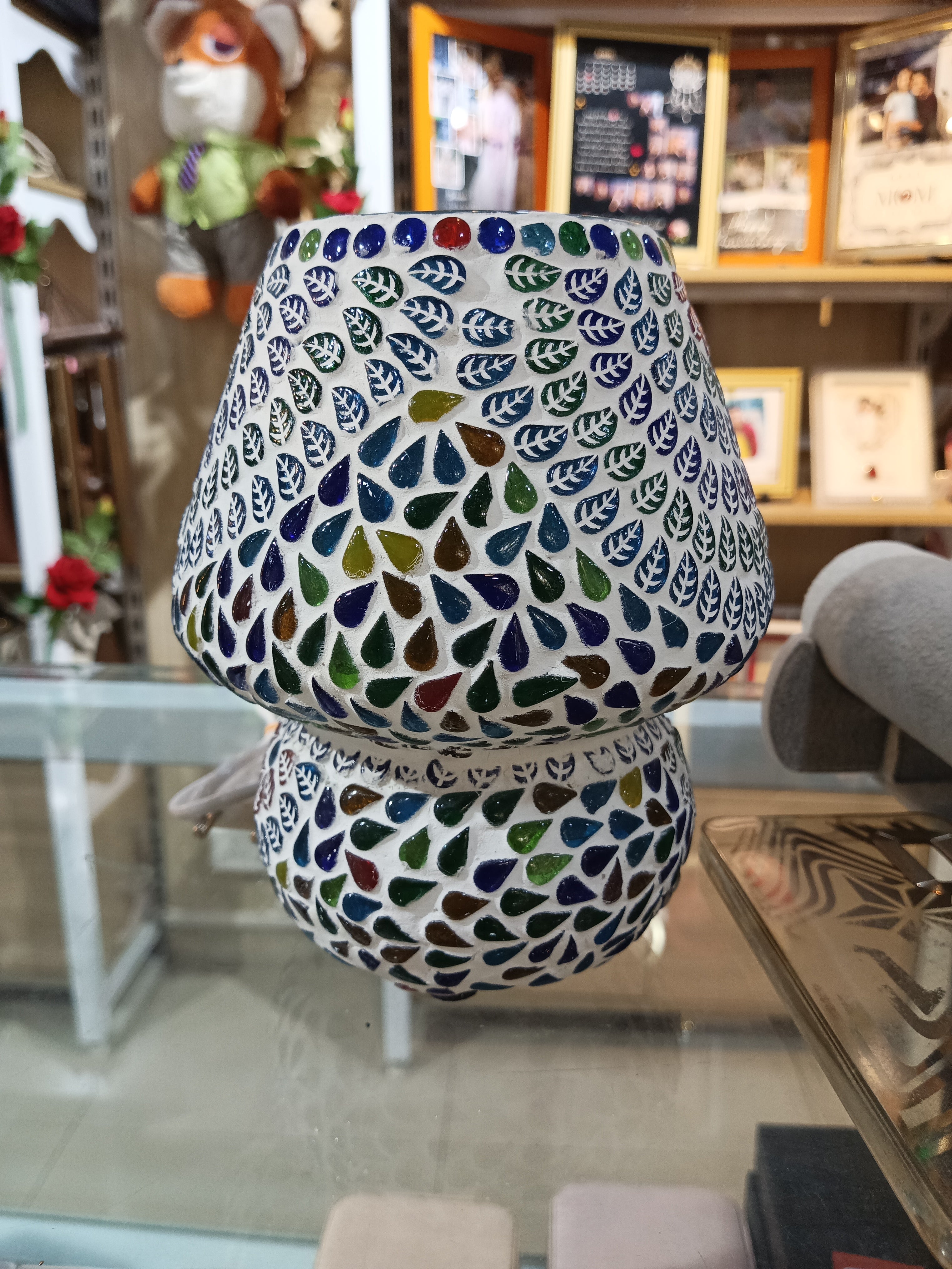Handcrafted Mosaic Glass Candle Holder – Leaf & Teardrop