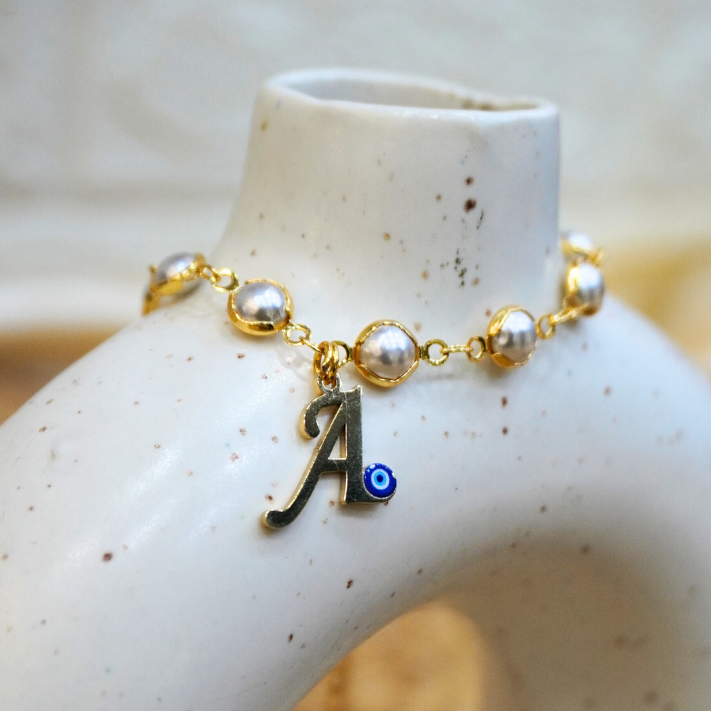 Name Initial Evil Eye Pearls Bracelet | All Letters Available