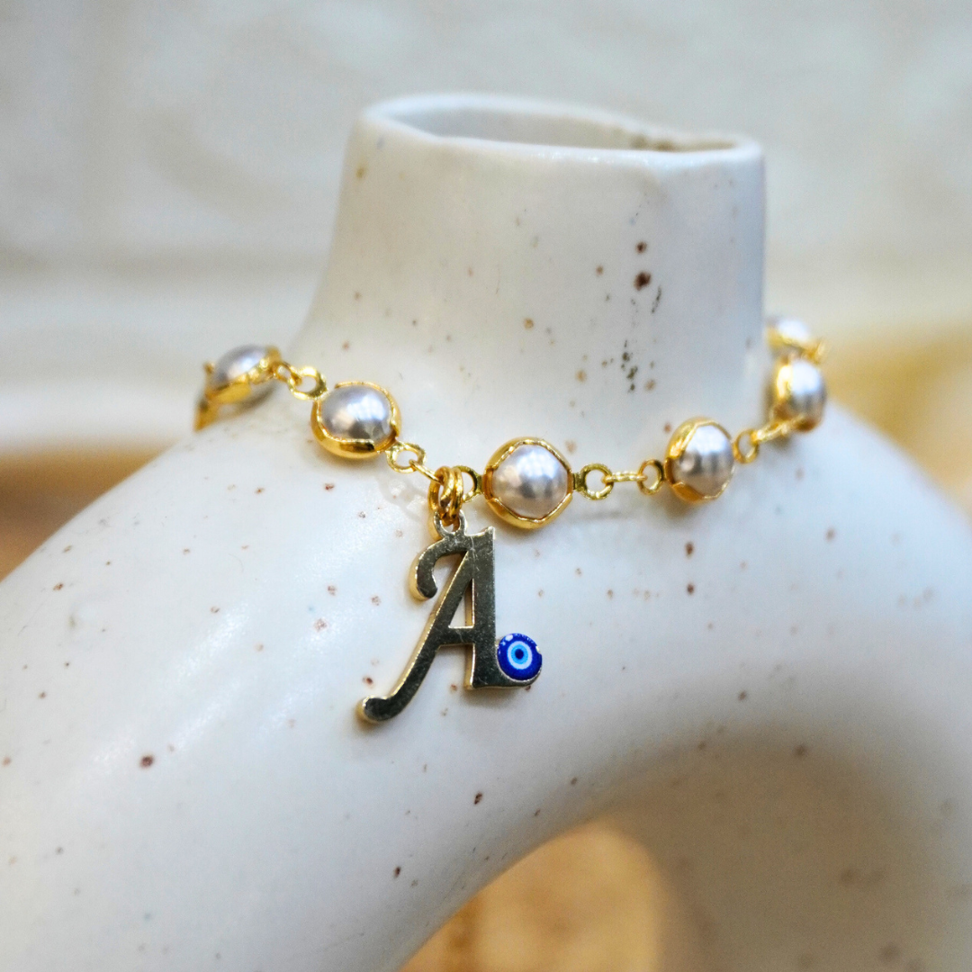 Name Initial Evil Eye Pearls Bracelet | All Letters Available