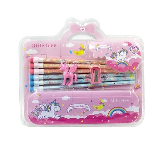 Unicorn Metal Pencil Box With 6 Eraser Top Pencils Pencil Cap & Sharpener Stationery