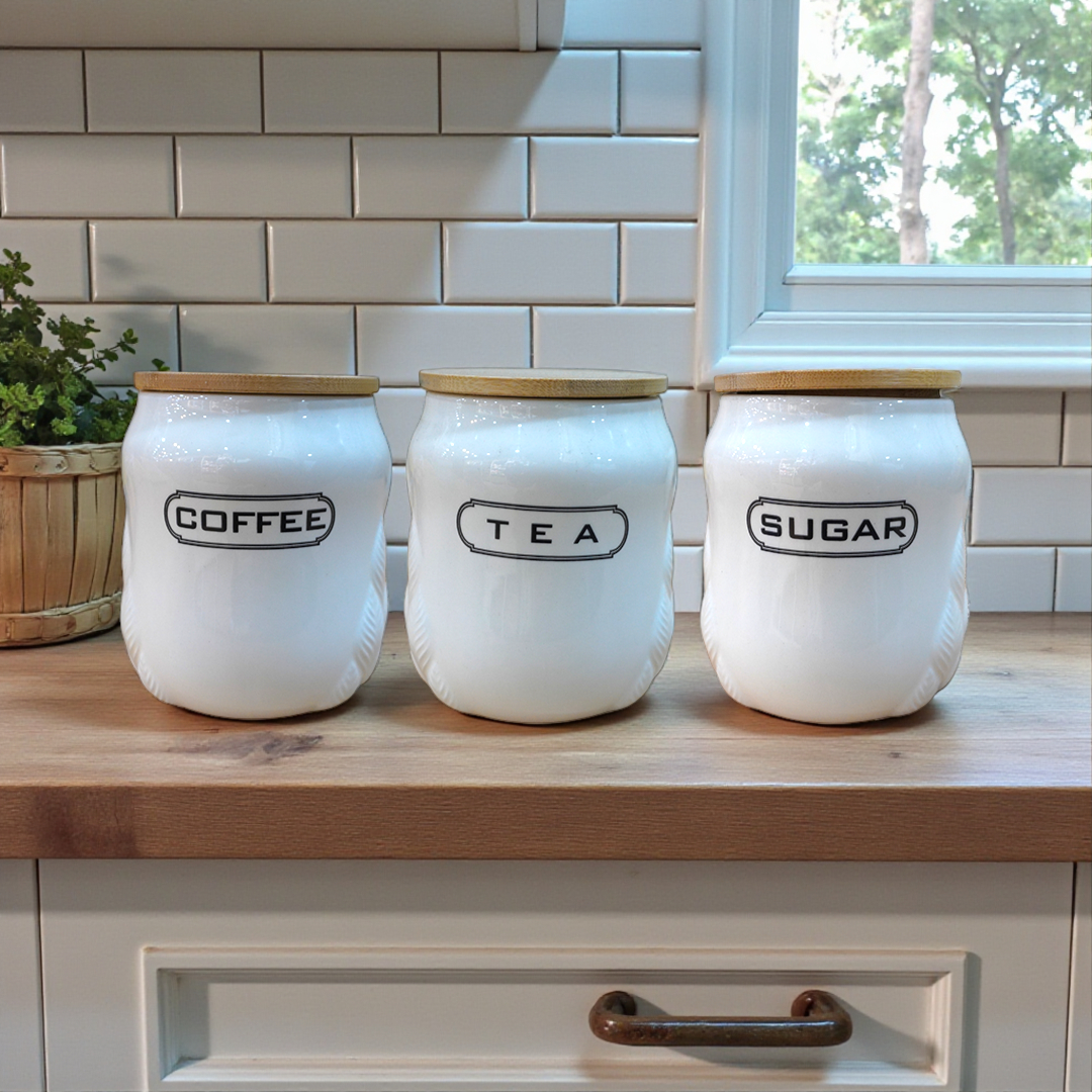 Tea Coffee Sugar White With Leaves Design 3pcs Ceramic Storage Jar Set With Bamboo Lid