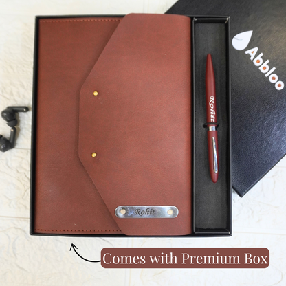 Personalised 3 Fold Leather Notebook & Pen Combo